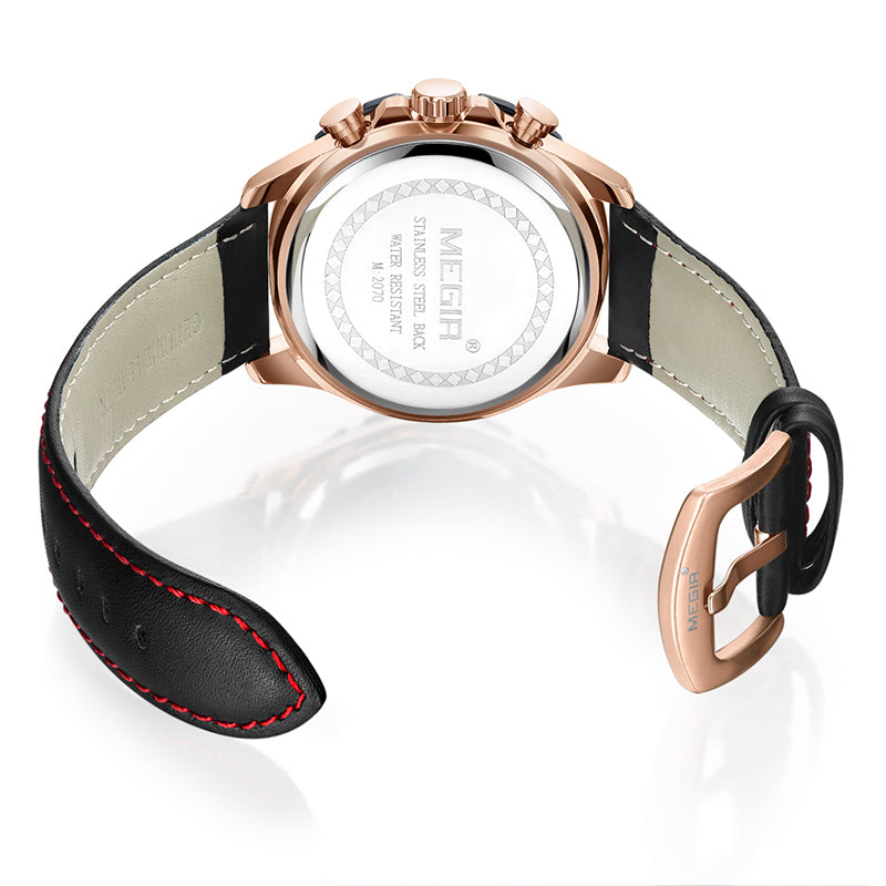 MEGIR 2070 Sport Style Chronograph Luminous Display Leather Men Quartz Watch