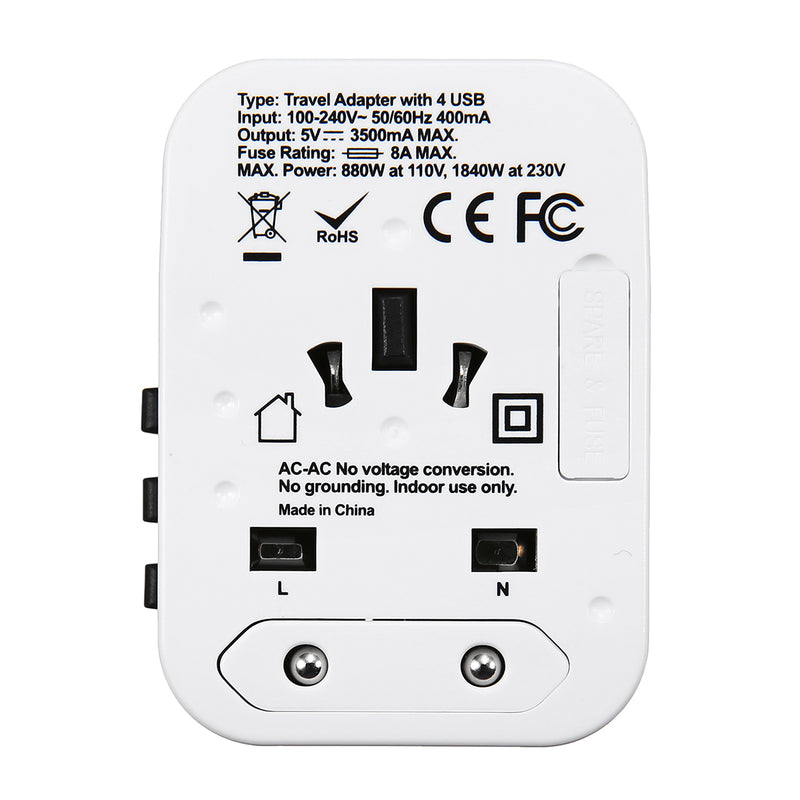 AUGIENB Global Universal Conversion Plug Socket 4 USB Travel Adapter