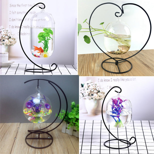 Hanging Clear Glass Ball Mini Fish Tank Aquarium Home Desktop Decor with Stand