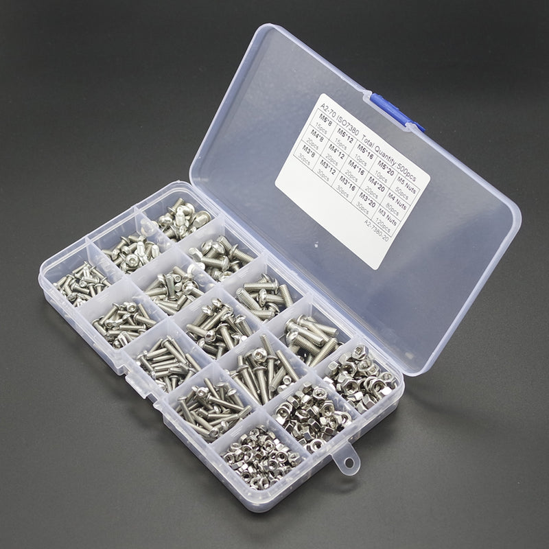 Suleve MXSS4 500PCS M3 M4 M5 304 Stainless Steel Hex Socket Head Cap Bolts Screw Nut Kit Set