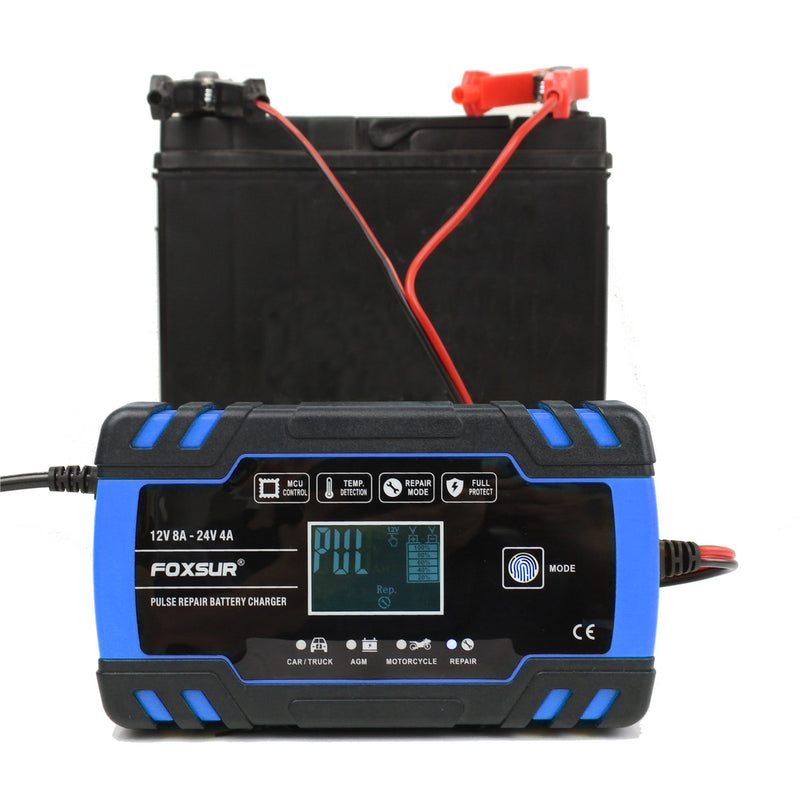 FOXSUR 12/24V 8A/4A Touch Screen Pulse Repair LCD Battery Charger Blue For Car Motorcycle Lead Acid Battery Agm Gel Wet