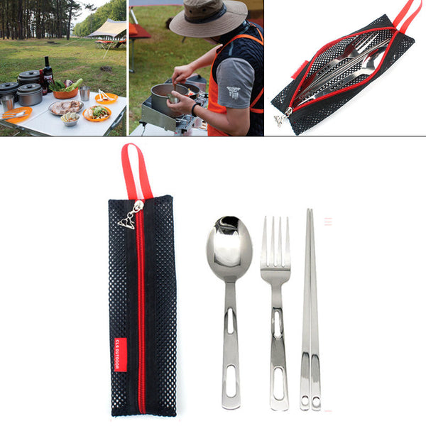 3Pcs Portable Outdoor Camping Picnic Set Stainless Steel Fork Spoon Chopsticks with Tableware Bag