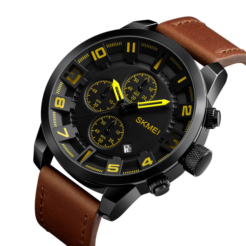 SKMEI 1309 Men Watch Fashion Leather Strap Three Smal Dials Stopwatch Male Quartz Wrist Watch