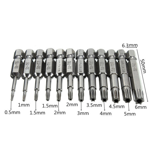 12pcs 1/4 Inch 50mm T5-T40 Magnetic Torx Screwdriver Bits Set