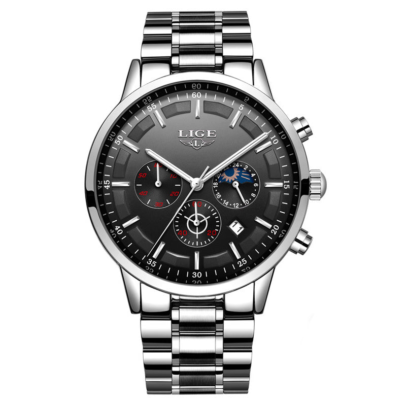 LIGE 9877 Business Style Waterproof Men Wrist Watch Luminous Display Full Steel Quartz Watches