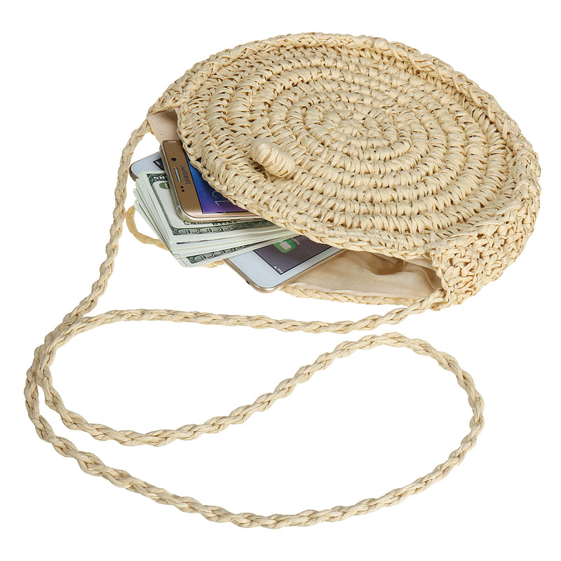 21 x 21cm Round Straw Bags Handmade Woven Beach Camping Travel Crossbody Bag Handbag Shoulder Bag