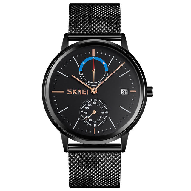 SKMEI 9182 Business Style Circular Mirror Mesh Steel Strap Week Date Display Men Watch Quartz Watch