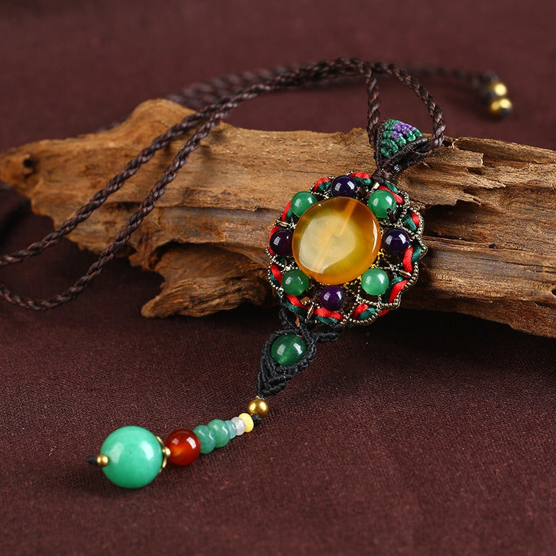 Ethnic Weaving Sweater Necklace Retro Agate Long Style Necklace For Women