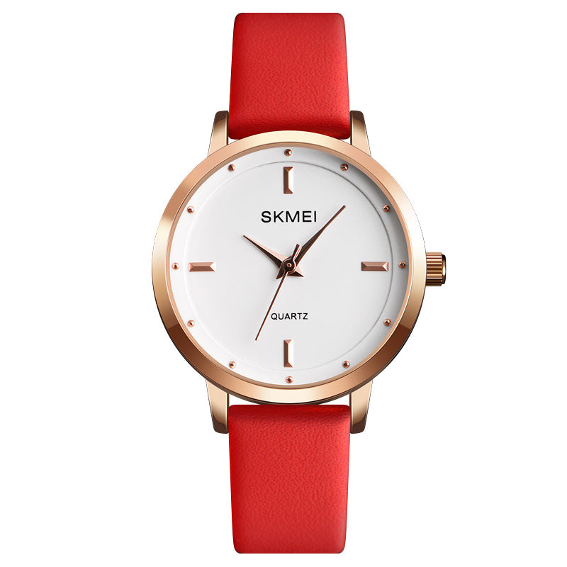 SKMEI 1457 Women Fashion Simple Dial Rose Gold Case Leather Strap Quartz Watch