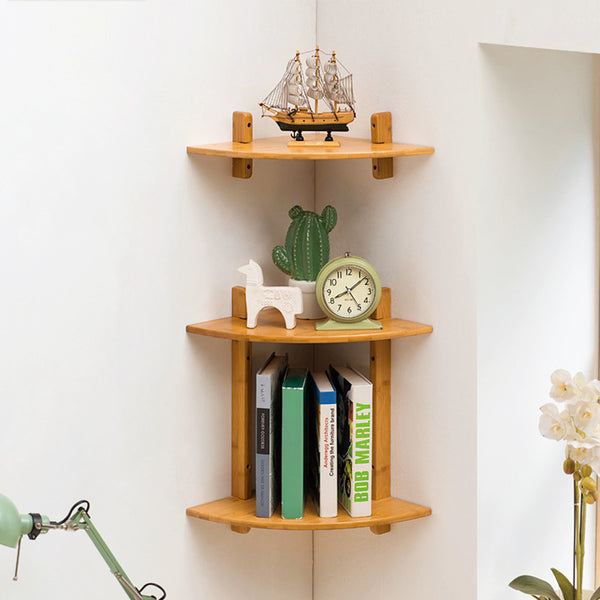 MUMAREN 1/2 Tiers Bamboo Fan Shaped Corner Bookshelf Storage Rack Wall-mounted Wooden Corner Desk Shelf