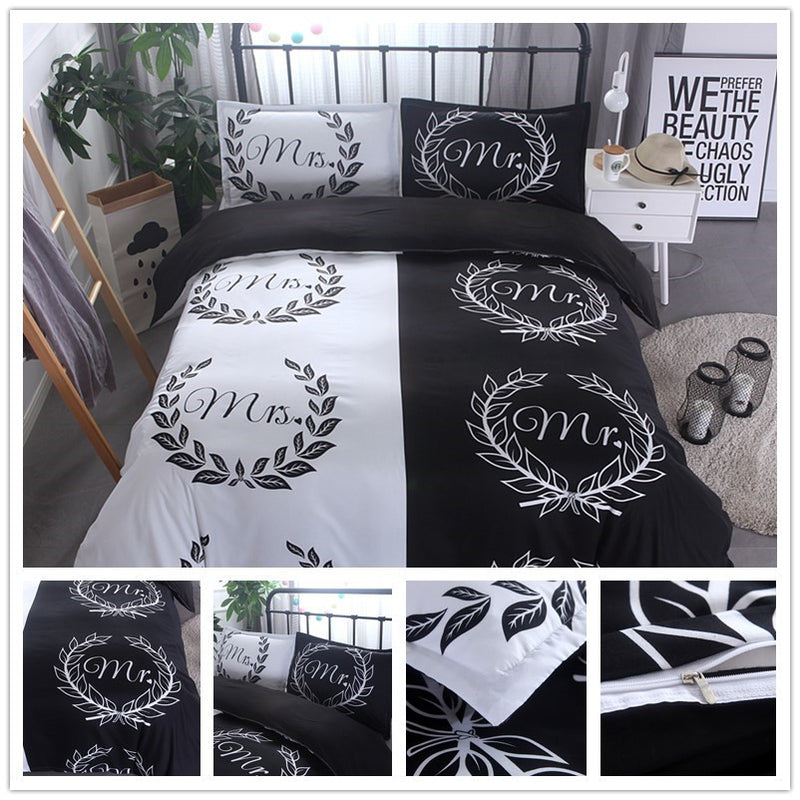 3 PCS Bedding Sets White And Black Quilt Cover Pillowcase For Queen Size