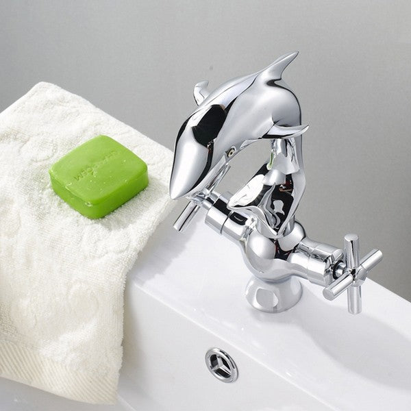 Creative Dolphin Shape Double Handle Basin Sink Mixer Tap Chrome Finish Faucet