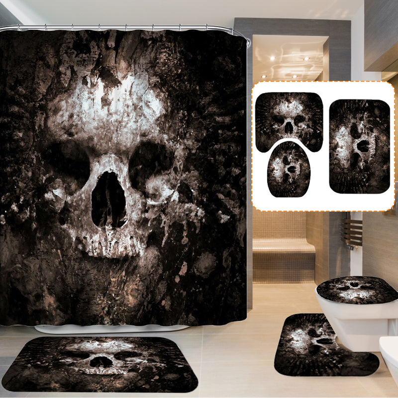Skull Pattern Polyester Bathroom Shower Curtain Non-slip Toilet Cover Mat Rug Set