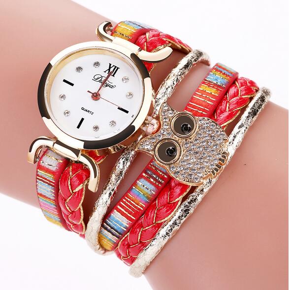 DUOYA DY114 Cute Style Owl Ladies Bracelet Watch Gift Leather Strap Quartz Watches
