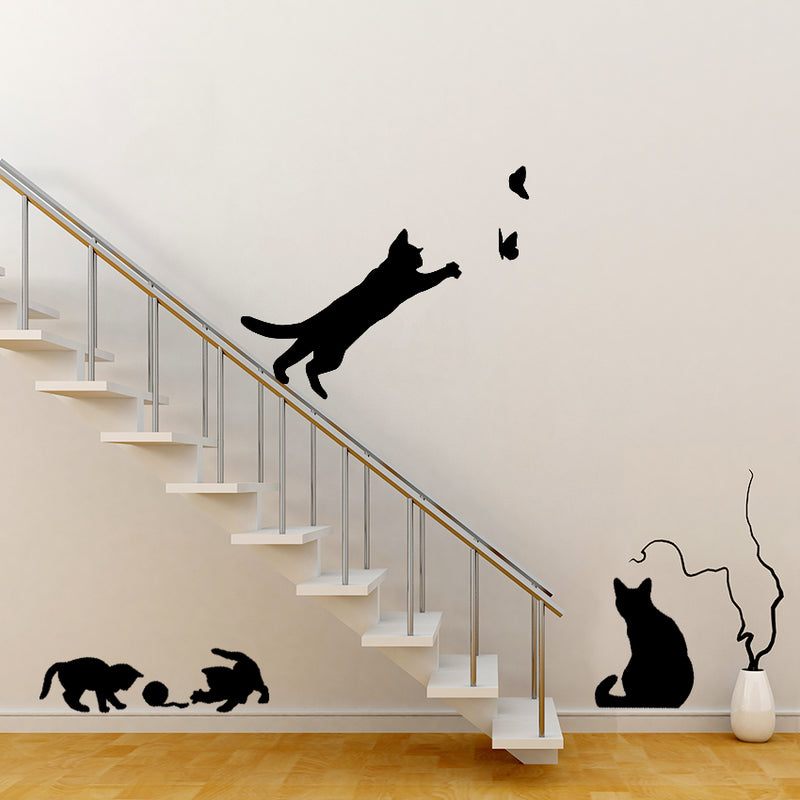 Cat play Butterflies Wall Sticker Removable Decoration Decals for Bedroom Kitchen Living Room Walls