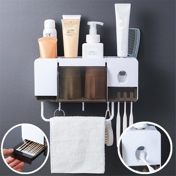 2/4 Cups Automatic Toothpaste Dispenser Wall-mounted Toothbrush Holder Towel Holder