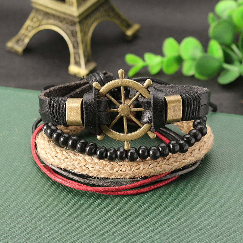 Punk Multilayer Hand Woven Bracelet Rudder Boat Anchor Beaded Bracelet Unisex Wholesale