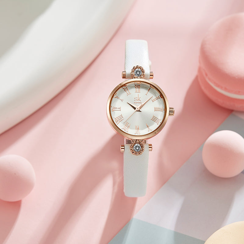 SHENGKE SK K9009 Crystal Roman Numerals Dial Leather Strap Ladies Dress Watch Women Quartz Watch