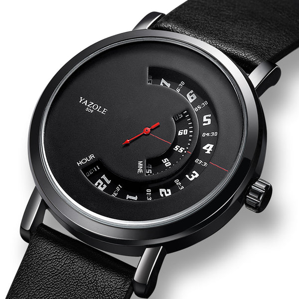 Yazole 509 Turntable Design Fashion Leather Strap Red Needle Men Casual Quartz Watch