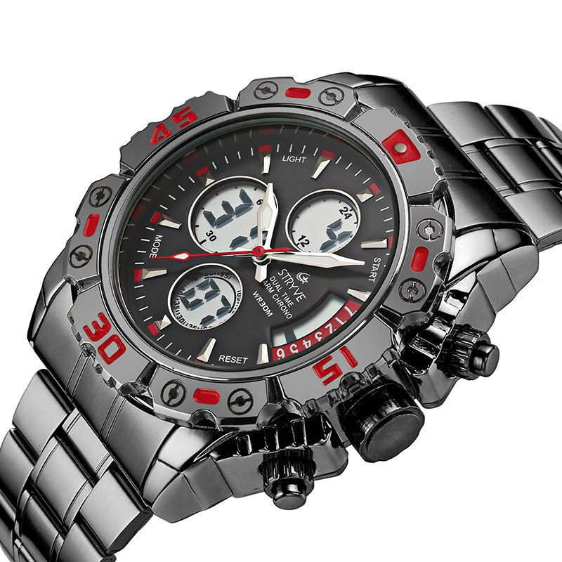STRYVE S8018 Men Full Steel Waterproof Date Week Chrono Alarm Clock Dual Display Digital Watch