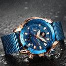 CRRJU 2219 Men Chronograph Luminous Display Full Steel Strap Fashion Blue Dial Quartz Watch