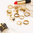 13 Pcs Women's Retro Carved Hollow Elephant Palm Mosaic Lotus Rhinestone Rings