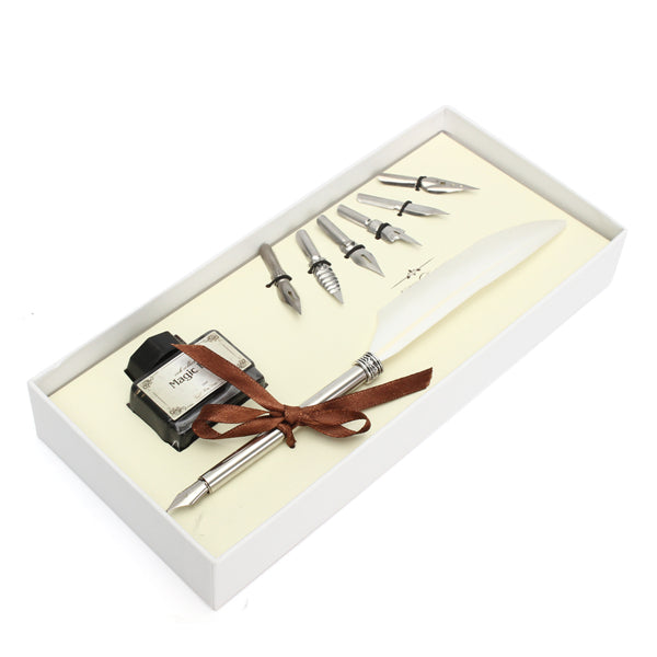 Retro Goose Feather Quill Pen Metal Nib Dip Writing Black Ink Set Collectable