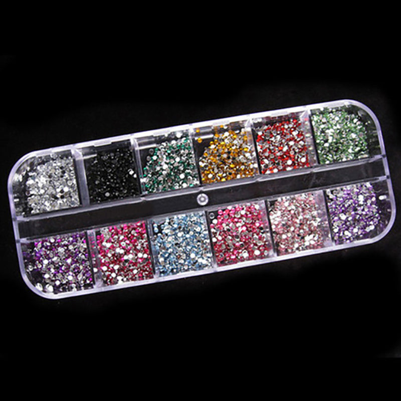 1200x 2mm Mixed Color Diamond Nail Art Tips Acrylic Manicure Nail Stickers + Box