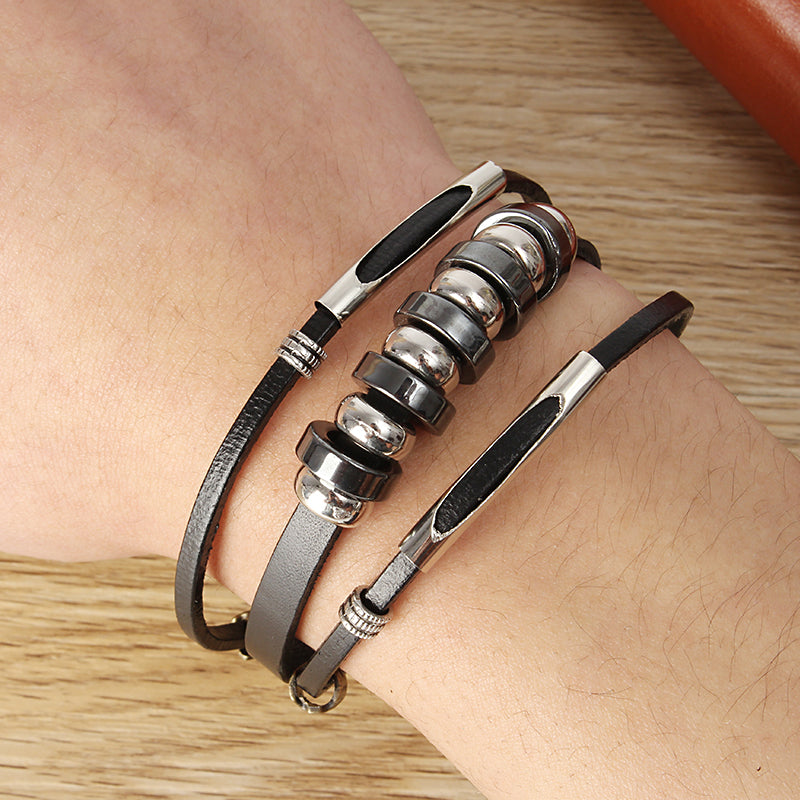 Multilayers Leather Stainless Steel Men Bracelet Jewelry Clothing Accessories