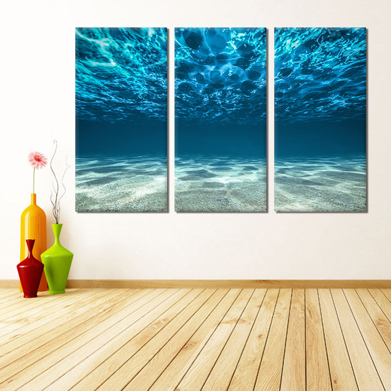 Miico Hand Painted Three Combination Decorative Paintings Light Blue Seawater Wall Art For Home Decoration