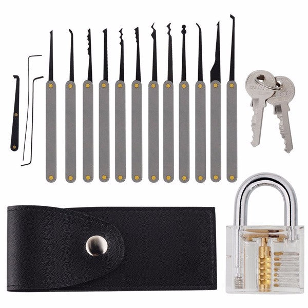 DANIU 12pcs Unlocking Lock Pick Set + 10pcs Key Extractor Set +1pc Transparent Practice Padlock
