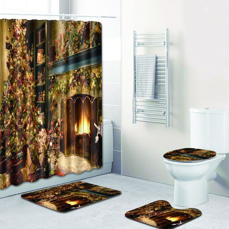 4PCS Xmas Bath Mat Set Non-slip Floor Rug Bathmat Toilet Cover Shower Curtain