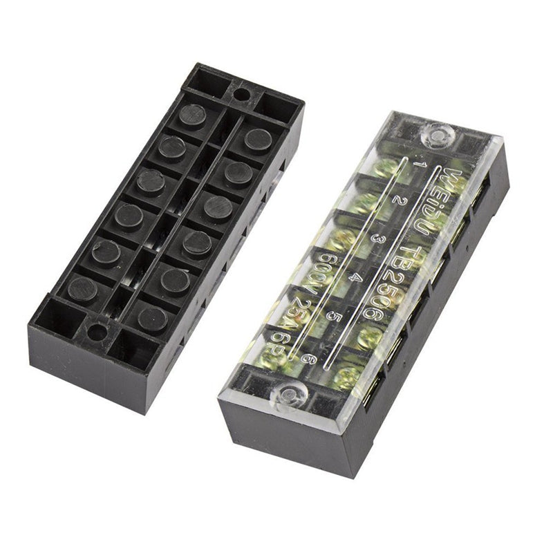 Excellway TB-2506 600V 25A 6 Position Terminal Block Barrier Strip Dual Row Screw Block Covered W/ Removable Clear Plastic Insulating Cover