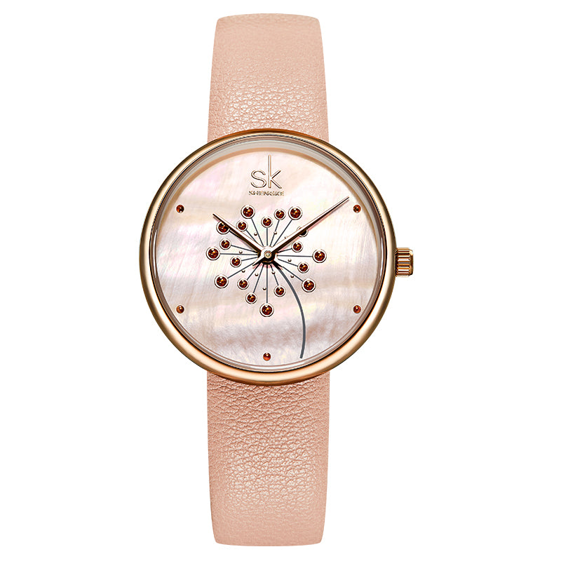 SHENGKE SK K0113 The Plant Pattern Creative Dial Fashion Leather Strap Quartz Watch