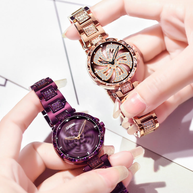 DOM G-1258 Rotating Ladies Wrist Watch Shining Fashionable Full Steel Quartz Watches