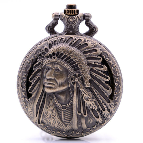 DEFFRUN Retro Indian Tribe Feather Head Portrait  Relief Quartz Watch Pocket Watch