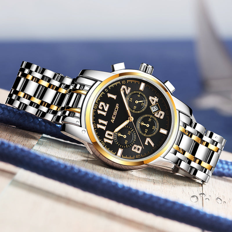 Aesop 1008G Classic Business Style 3ATM Waterproof Men Watch Leather Strap Quartz Watch