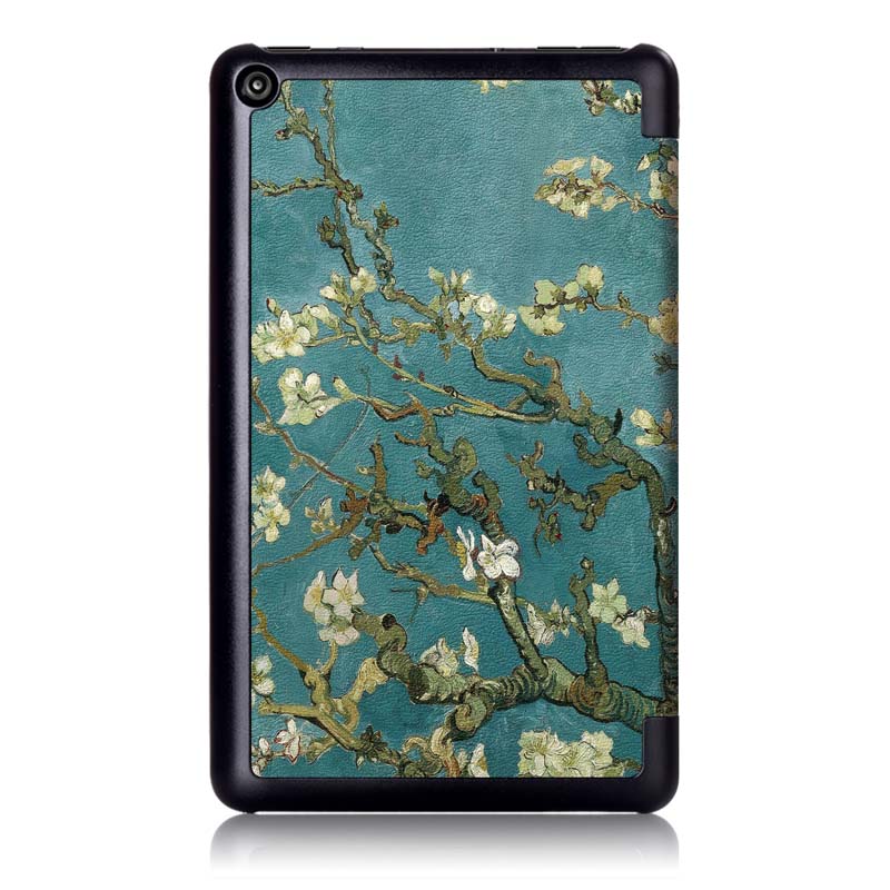 Tri-Fold Pringting Tablet Case Cover for New F ire HD 7 2019-Apricot blossom