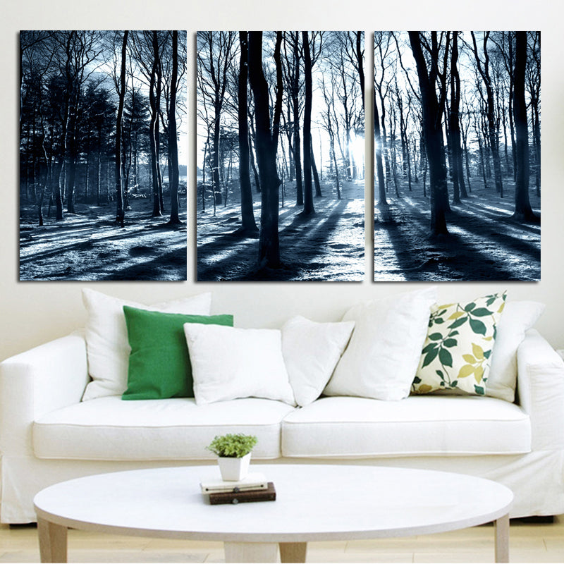 Miico Hand Painted Three Combination Decorative Paintings Woods Under The Moonlight Wall Art For Home Decoration