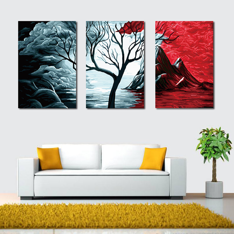 Miico Hand Painted Three Combination Decorative Paintings Botanic Tree Wall Art For Home Decoration