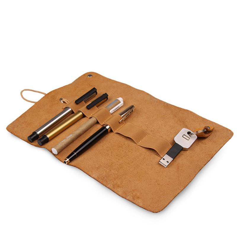 Roll Up Leather Multifunction 6 Holes Headphone Cable Cosmetic Storage Bag Pen Holder Makeup Pouch