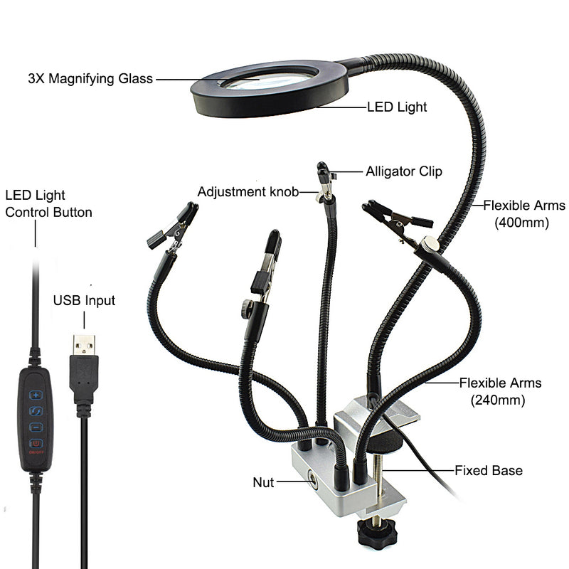 USB LED 3X Magnifier PCB Fixture Bench Vise Table Clamp Soldering Helping Hand Soldering Station Third Hand Tool with 5Pcs Flexible Arms