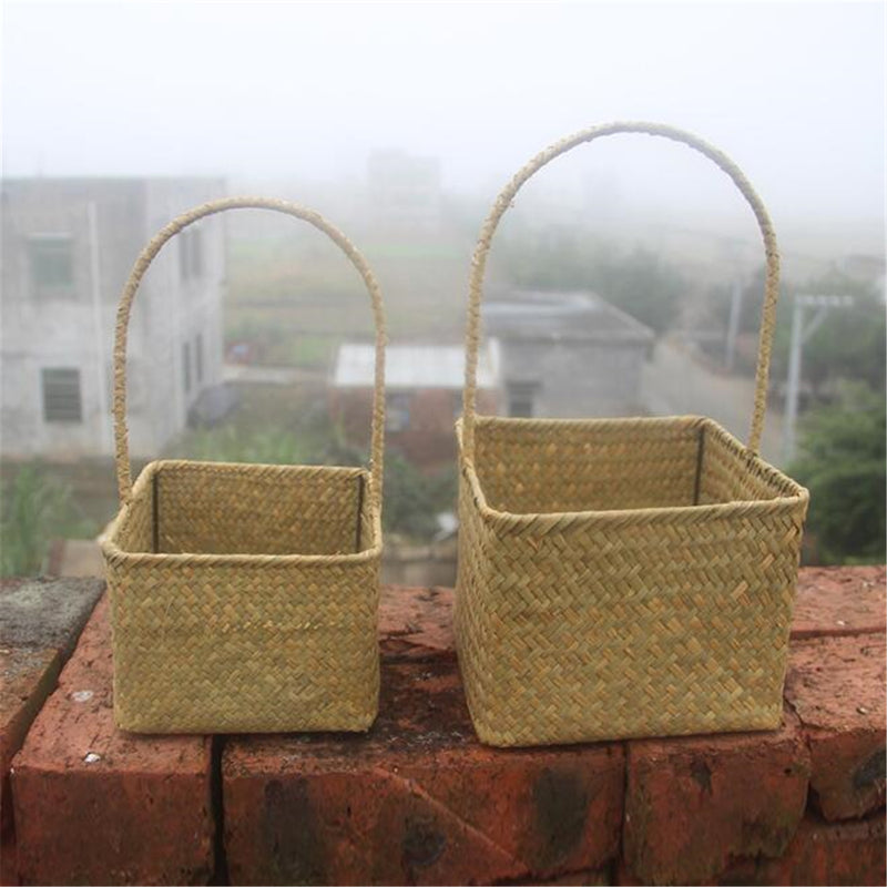 Woven Seagrass Tote Organizer Handle Bag Garden Flower Handmade Plant Pot Plant Baskets Storage Box