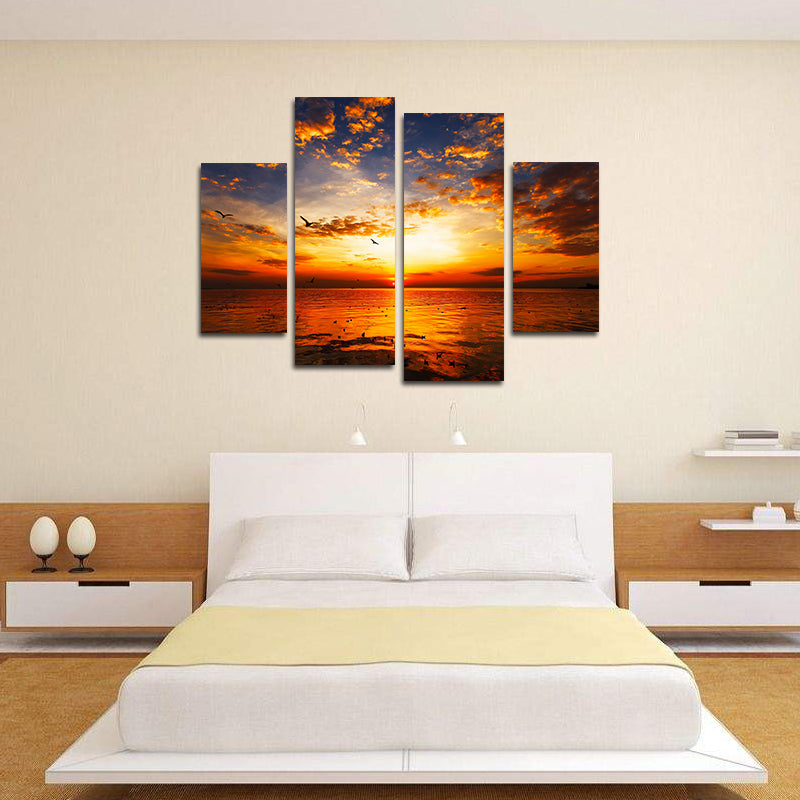 Miico Hand Painted Four Combination Decorative Paintings Sea Sunset Wall Art For Home Decoration