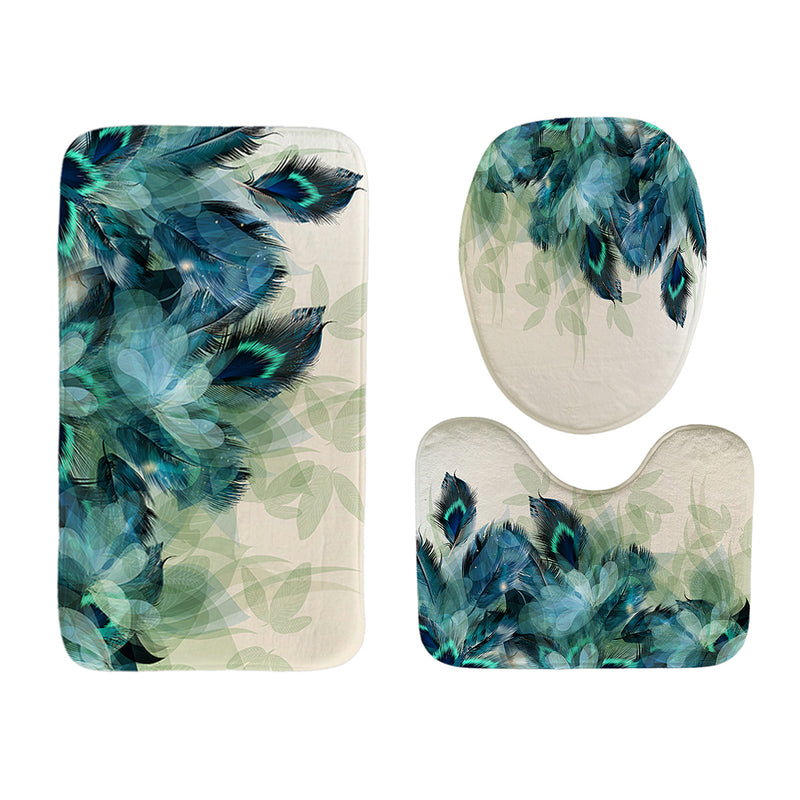 3PC Anti-Slip Bathroom Peacock Feather Bath Mat Toilet Lid Cover Bathroom Floor Carpet