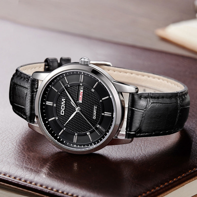 DOM M-11 Business Style Men Wrist Watch Calendar Leather Strap Clock Quartz Watch