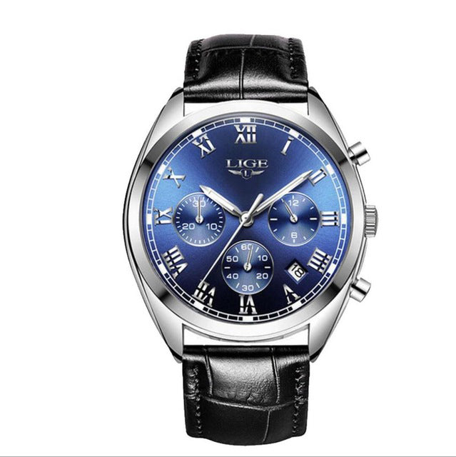 LIGE 9852 Waterproof Luminous Display Men Wrist Watch Fashion Leather Strap Quartz Watch