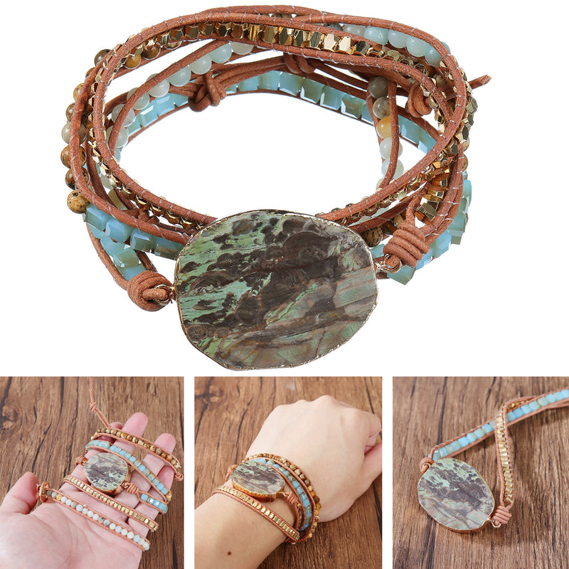 Bohemian Stone Crystal Bangle Healing Bead Pendant Chain Bracelet Jewelry Unisex