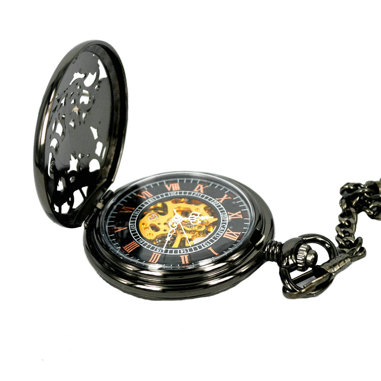JIJIA JX014 Crane Pattern Hollow Black Bronze Mechanical Pocket Watch