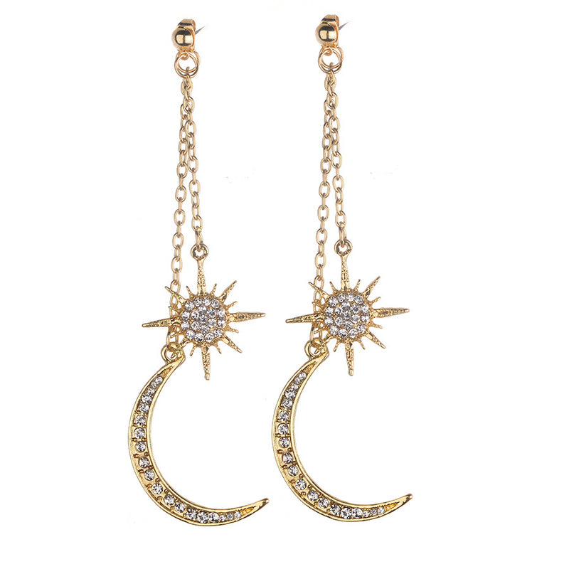 Bohemian Style Full Rhinestone Earrings Shiny Moon Star Long Ear Drop Earring For Women